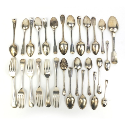 728 - Selection of Georgian and later silver forks and spoons, various hallmarks, approximate weight 709.0... 