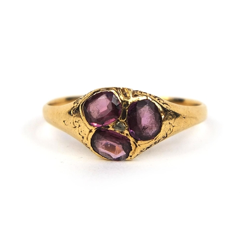 837 - Antique unmarked gold amethyst and diamond ring, size J, approximate weight 1.7g