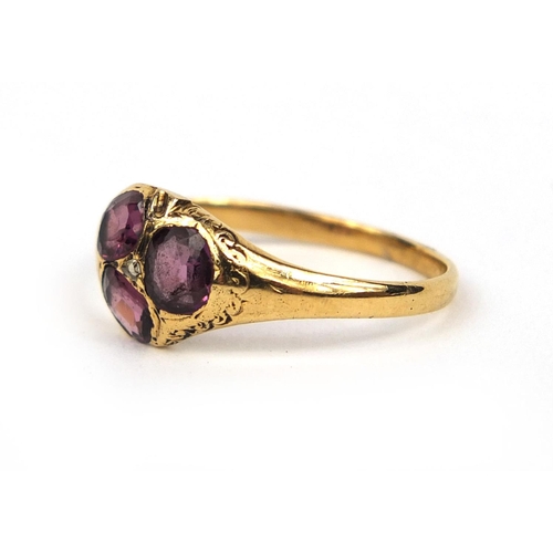 837 - Antique unmarked gold amethyst and diamond ring, size J, approximate weight 1.7g