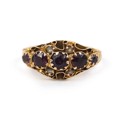 791 - 9ct gold and amethyst and seed pearl ring set with five amethyst and four seed pearls, size N, appro... 