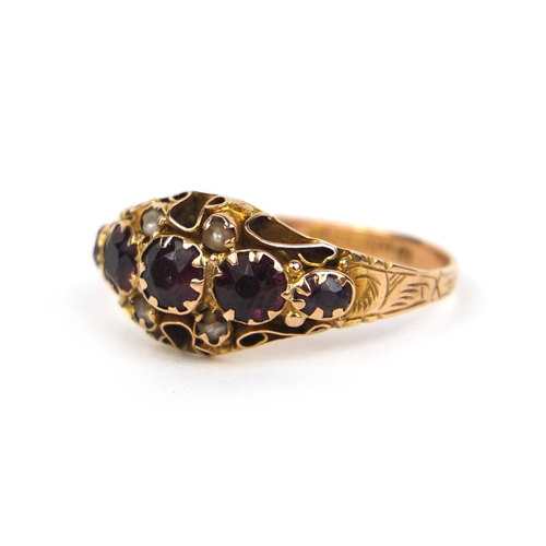 791 - 9ct gold and amethyst and seed pearl ring set with five amethyst and four seed pearls, size N, appro... 