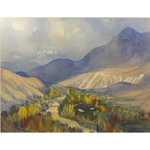 1006 - Betty Gurney 1966 - Watercolour, mountain river landscape with a bridge, inscribed label verso, moun... 