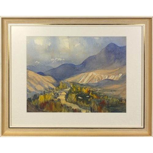 1006 - Betty Gurney 1966 - Watercolour, mountain river landscape with a bridge, inscribed label verso, moun... 