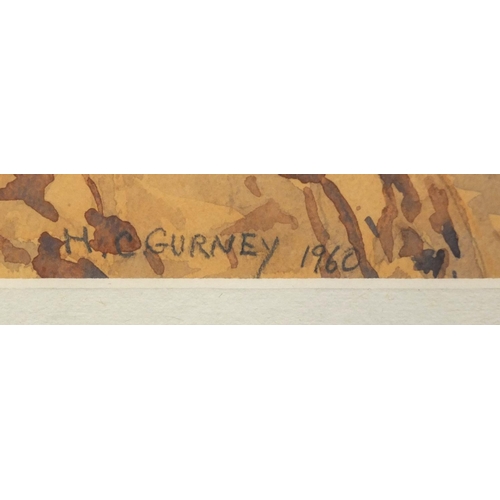 1005 - Betty Gurney 1960 - Watercolour, mountain river landscape, accompanied paperwork verso, mounted and ... 