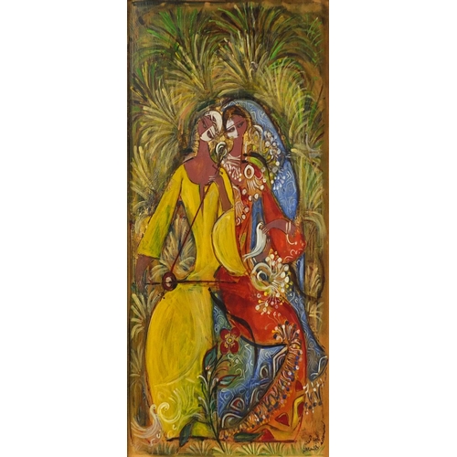 929 - Naguib Mahmoud - Oil onto board, two traditionally dressed females, mounted and gilt framed, 70cm x ... 