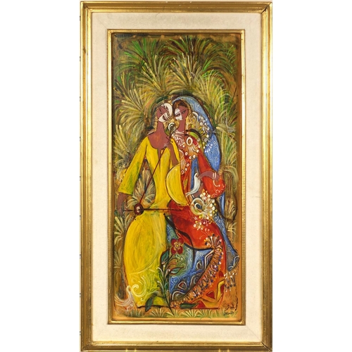 929 - Naguib Mahmoud - Oil onto board, two traditionally dressed females, mounted and gilt framed, 70cm x ... 