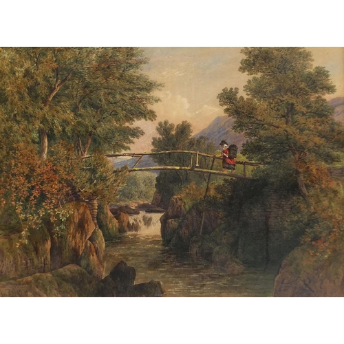 965 - John Steeple 1860 - Watercolour, old bridge on the Dyfi at Aber Cowarth, Merioneth Shire, titled ver... 