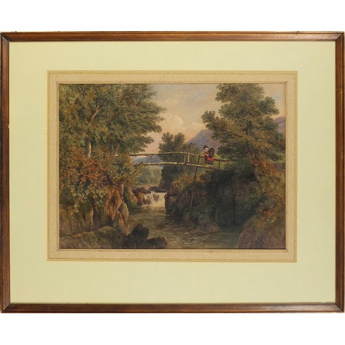 965 - John Steeple 1860 - Watercolour, old bridge on the Dyfi at Aber Cowarth, Merioneth Shire, titled ver... 