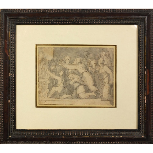 927 - Old Master pen, ink and wash drawing onto paper, classical figures, mounted and framed, 18cm x 14cm ... 