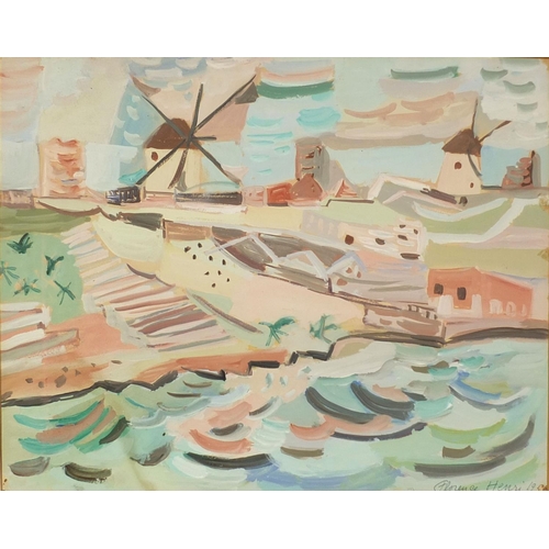 918 - Florence Henri 1956 - Gouache, Dutch windmill landscape, labels verso, mounted and framed, 44cm x 36... 