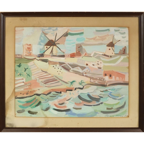 918 - Florence Henri 1956 - Gouache, Dutch windmill landscape, labels verso, mounted and framed, 44cm x 36... 