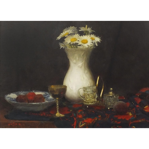 896 - Paul Raymond Seaton 1996 - Oil onto canvas, still life items on a table top, mounted and ornately fr... 