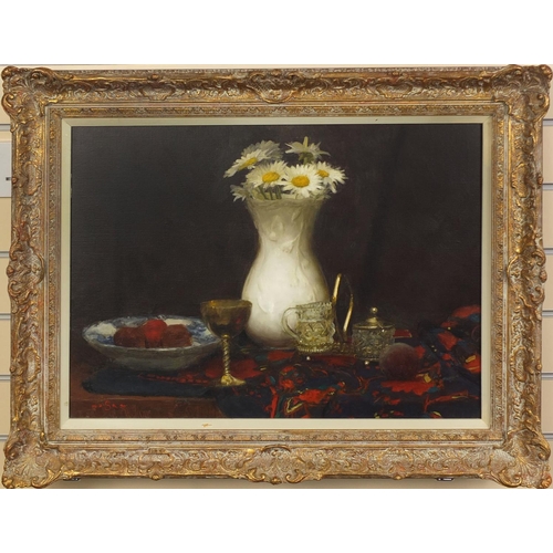 896 - Paul Raymond Seaton 1996 - Oil onto canvas, still life items on a table top, mounted and ornately fr... 