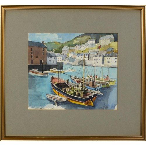 942 - Ink and watercolour, Polperro Harbour Cornwall, bearing an indistinct signature Hauciu?, mounted and... 