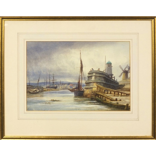 1010 - Watercolour, moored fishing boats in Littlehampton Harbour, titled verso, bearing an indistinct mono... 