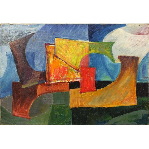 1034 - Unframed oil onto canvas, abstract composition, bearing a monogram JA, 44cm x 31cm