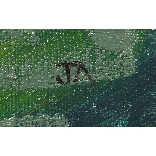 1034 - Unframed oil onto canvas, abstract composition, bearing a monogram JA, 44cm x 31cm
