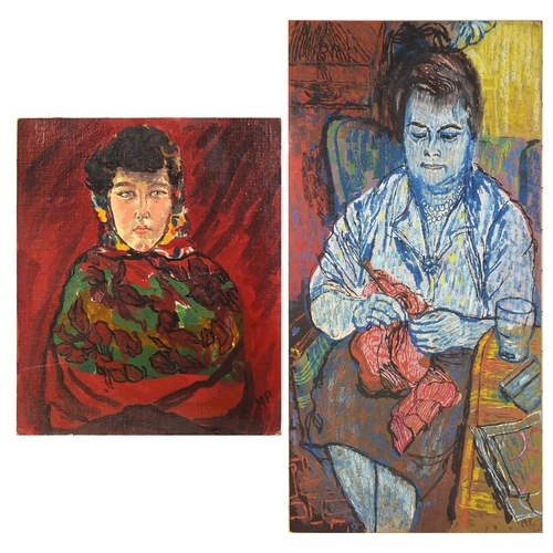 1017 - Muriel Pemberton - Two unframed female portraits one pastel and one oil, both inscribed verso, the l... 