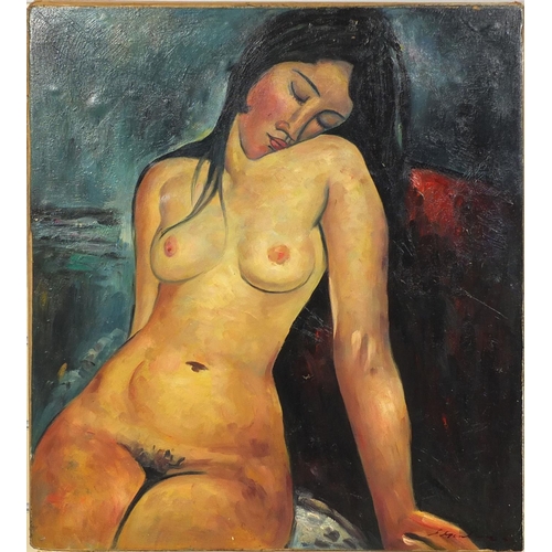 960 - Unframed oil onto canvas, resting nude female, bearing an indistinct signature, inscribed verso, 64c... 