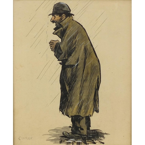 989 - Ink and watercolour sketch, gentleman standing in the rain, bearing a signature Conor, 25cm x 19cm e... 