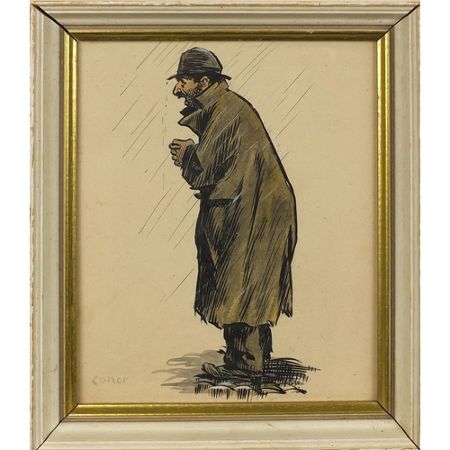 989 - Ink and watercolour sketch, gentleman standing in the rain, bearing a signature Conor, 25cm x 19cm e... 