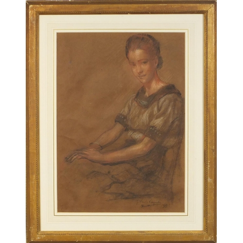 987 - Pastel onto paper, portrait of a seated female, bearing a signature Vecquerte dated 1939, mounted an... 