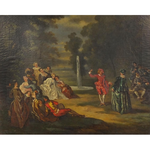 954 - 19th century oil onto canvas, classical figures dancing before a water fountain, gilt framed, 80cm x... 