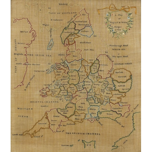107 - Late 18th century needlepoint sampler map of England and Wales by S Morgan 1786, oak framed, 57cm x ... 