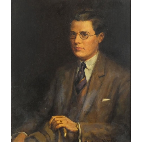 924 - Vera Colborne - Oil onto canvas portrait of a gentleman wearing spectacles, ornately gilt framed, 74... 