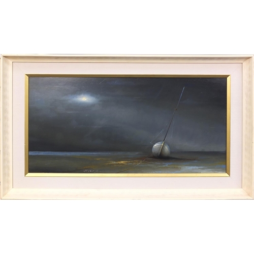 937 - Reekie - Oil onto board, moored boat, mounted and framed, 60cm x 31cm excluding the mount and frame