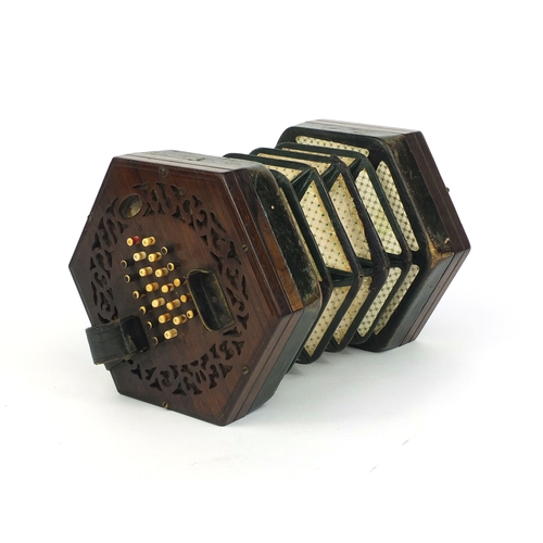 134 - Victorian C Wheatstone & Co rosewood concertina with 48 ivory buttons, serial number No.2763 togethe... 