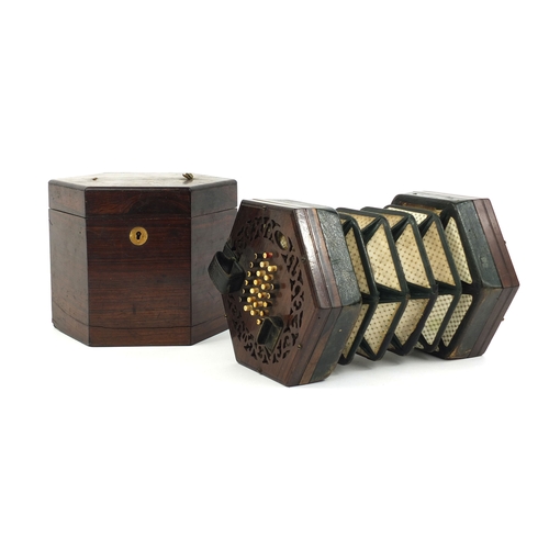 134 - Victorian C Wheatstone & Co rosewood concertina with 48 ivory buttons, serial number No.2763 togethe... 