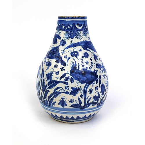 564 - Continental blue and white pottery vase, hand painted with birds and insects amongst flowers and fol... 