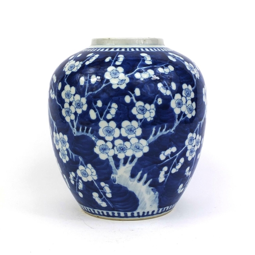 398 - Large Chinese blue and white porcelain ginger jar, hand painted with Prunus flowers, four figure cha... 