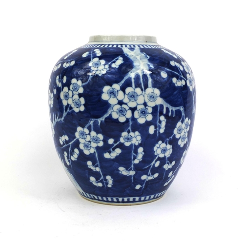 398 - Large Chinese blue and white porcelain ginger jar, hand painted with Prunus flowers, four figure cha... 