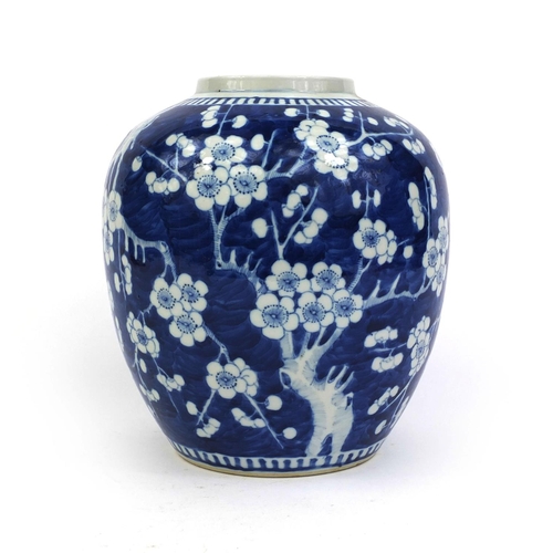 398 - Large Chinese blue and white porcelain ginger jar, hand painted with Prunus flowers, four figure cha... 