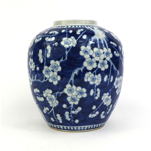 398 - Large Chinese blue and white porcelain ginger jar, hand painted with Prunus flowers, four figure cha... 