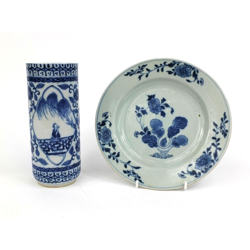 408 - 18th century Chinese blue and white porcelain plate together with a Chinese blue and white Spill vas... 