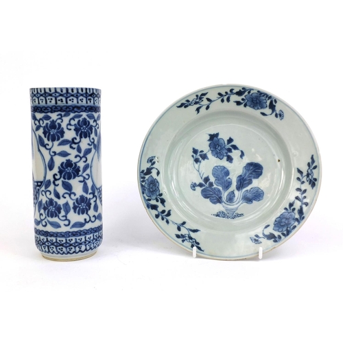 408 - 18th century Chinese blue and white porcelain plate together with a Chinese blue and white Spill vas... 