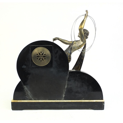 741 - French Art Deco marble cloud design mantle clock, mounted with a female Spelter hoop dancer, the sil... 