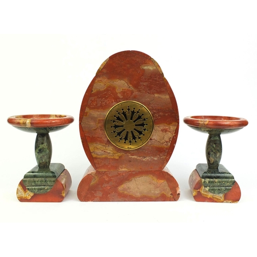 742 - Art Deco orange and green marble mantle clock with garnitures, the mantle clock with enamelled dial ... 