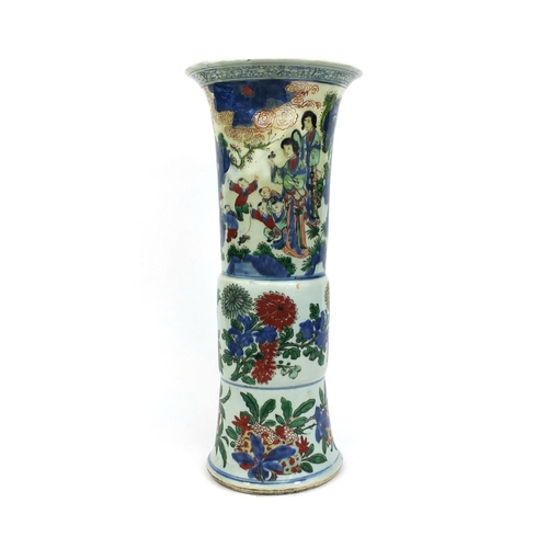 356 - Large Chinese porcelain Gu-shaped beaker vase, hand painted in the Wucai palette with court figures ... 
