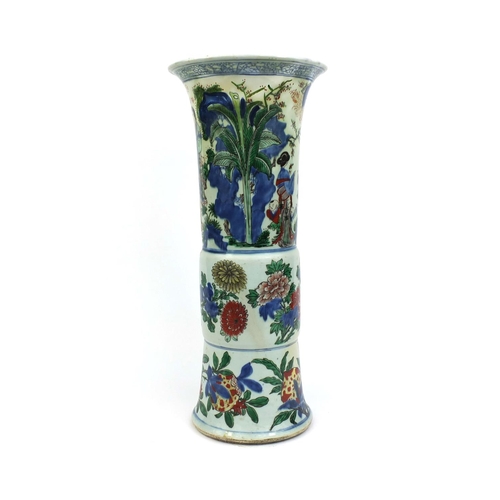 356 - Large Chinese porcelain Gu-shaped beaker vase, hand painted in the Wucai palette with court figures ... 