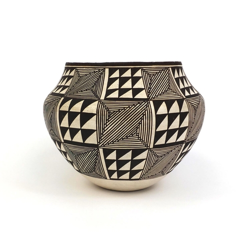 521 - Native American Acoma Pueblo pottery bowl, by Lucy M Lewis, hand painted in black on white with geom... 