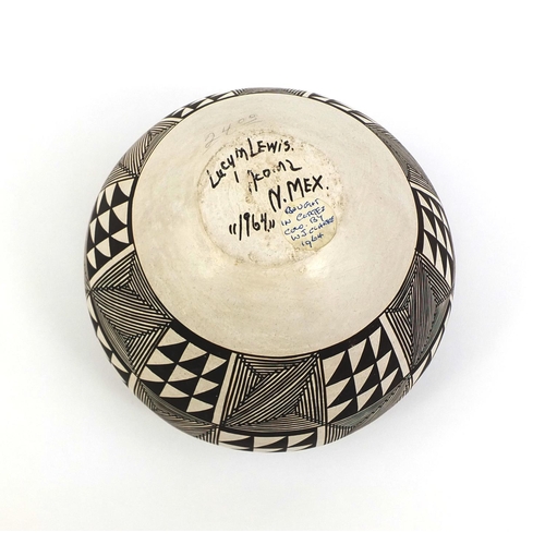 521 - Native American Acoma Pueblo pottery bowl, by Lucy M Lewis, hand painted in black on white with geom... 