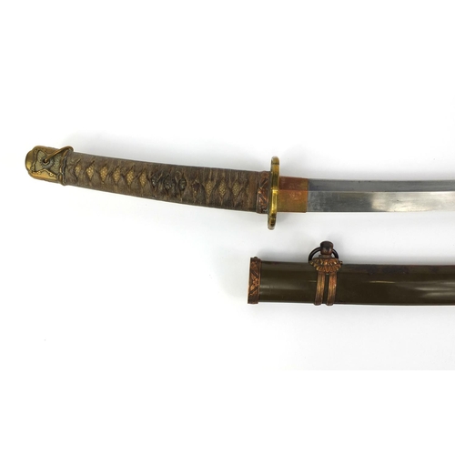 498 - Japanese Samurai sword and scabbard with bronze tsuba, the shragreen grip with floral menuki, 100cm ... 