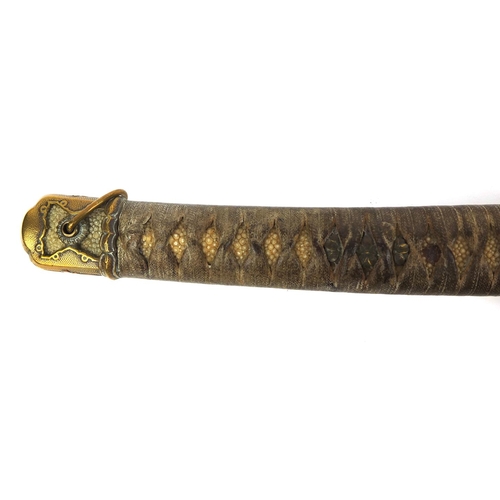 498 - Japanese Samurai sword and scabbard with bronze tsuba, the shragreen grip with floral menuki, 100cm ... 