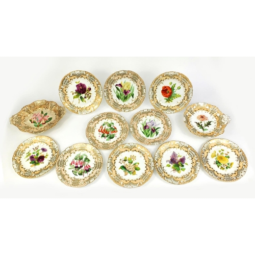 545 - 19th Century pottery fruit set each piece handpainted with flowers including Chrysanthemums and lila... 