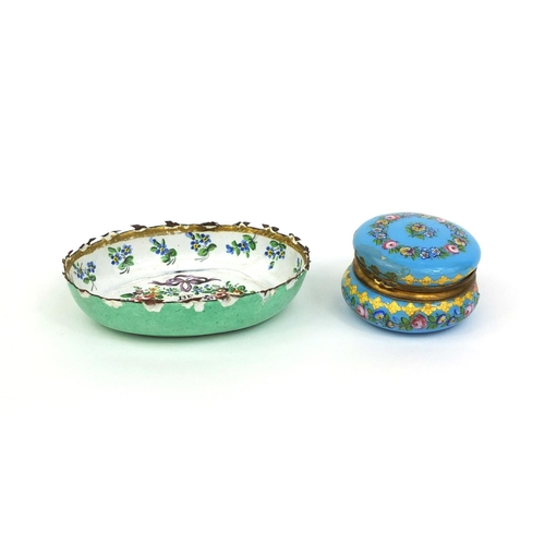 39 - Continental enamelled pill box decorated with flowers together with an enamelled pin dish, inscribed... 