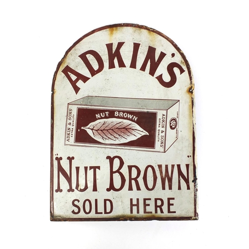 215 - Adkins Nut Brown double sided enamel advertising sign, 'Nut Brown Sold Here', 36cm high